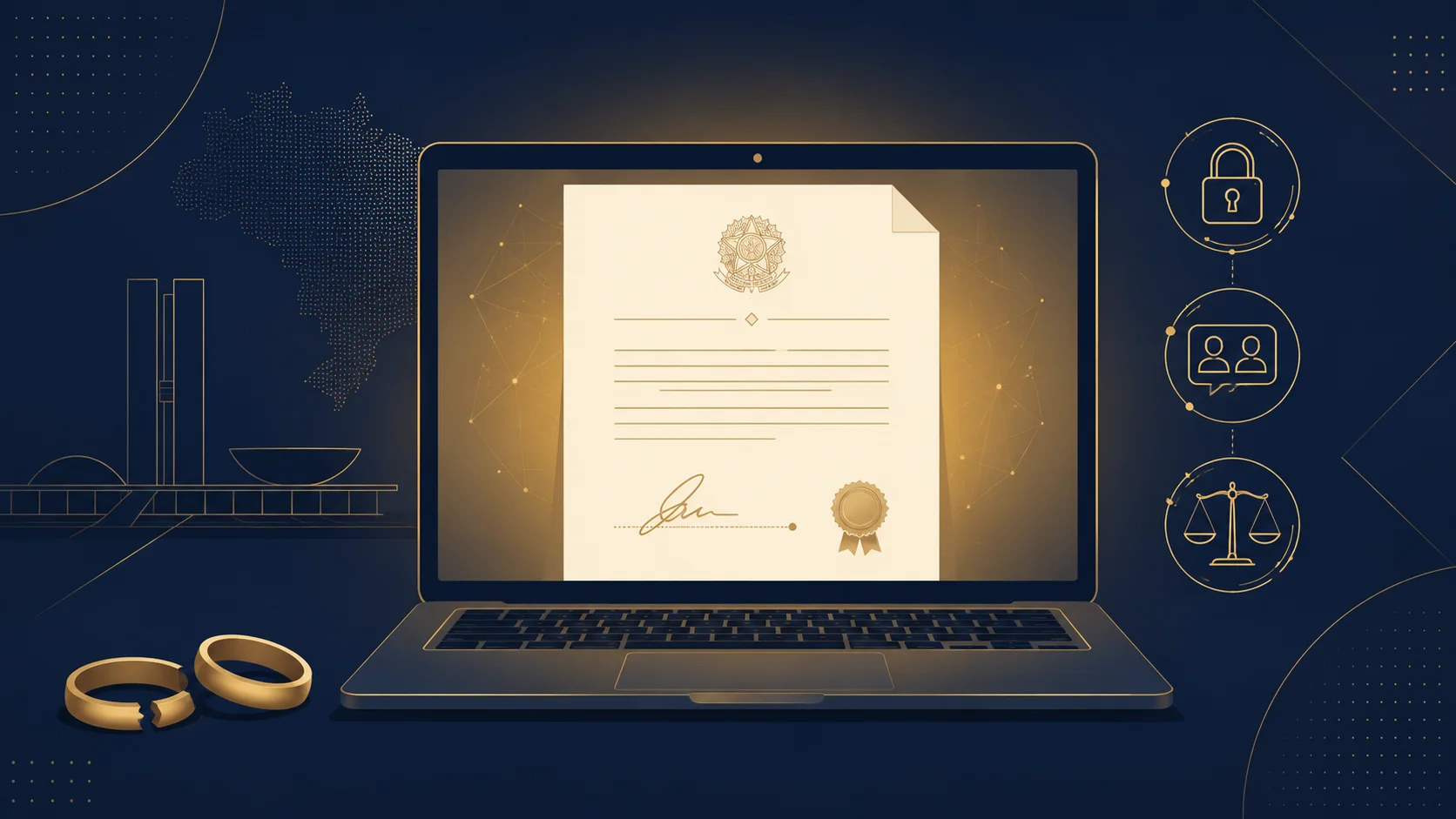Notebook com documento oficial e anéis de aliança separados representando que o divórcio online é seguro