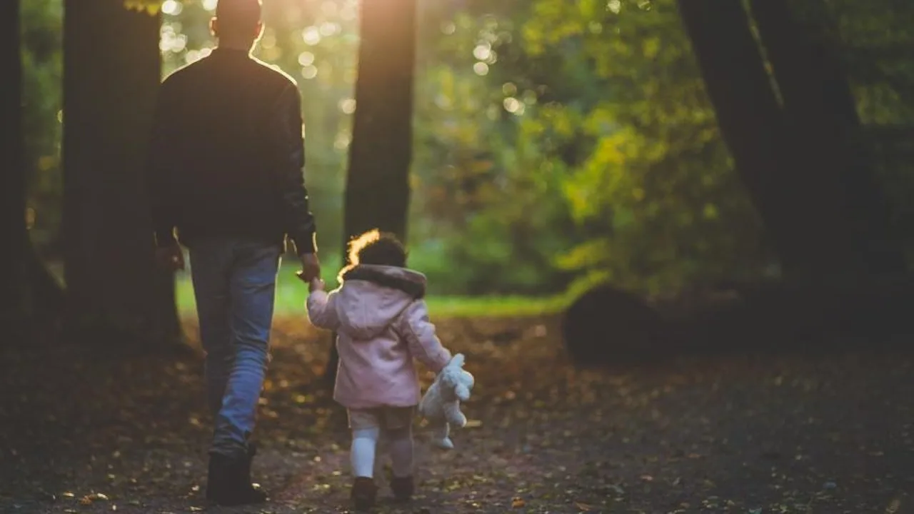 Adulto e criança de mãos dadas caminhando em um parque, vistos de costas, ilustrando o tema da alienação parental
